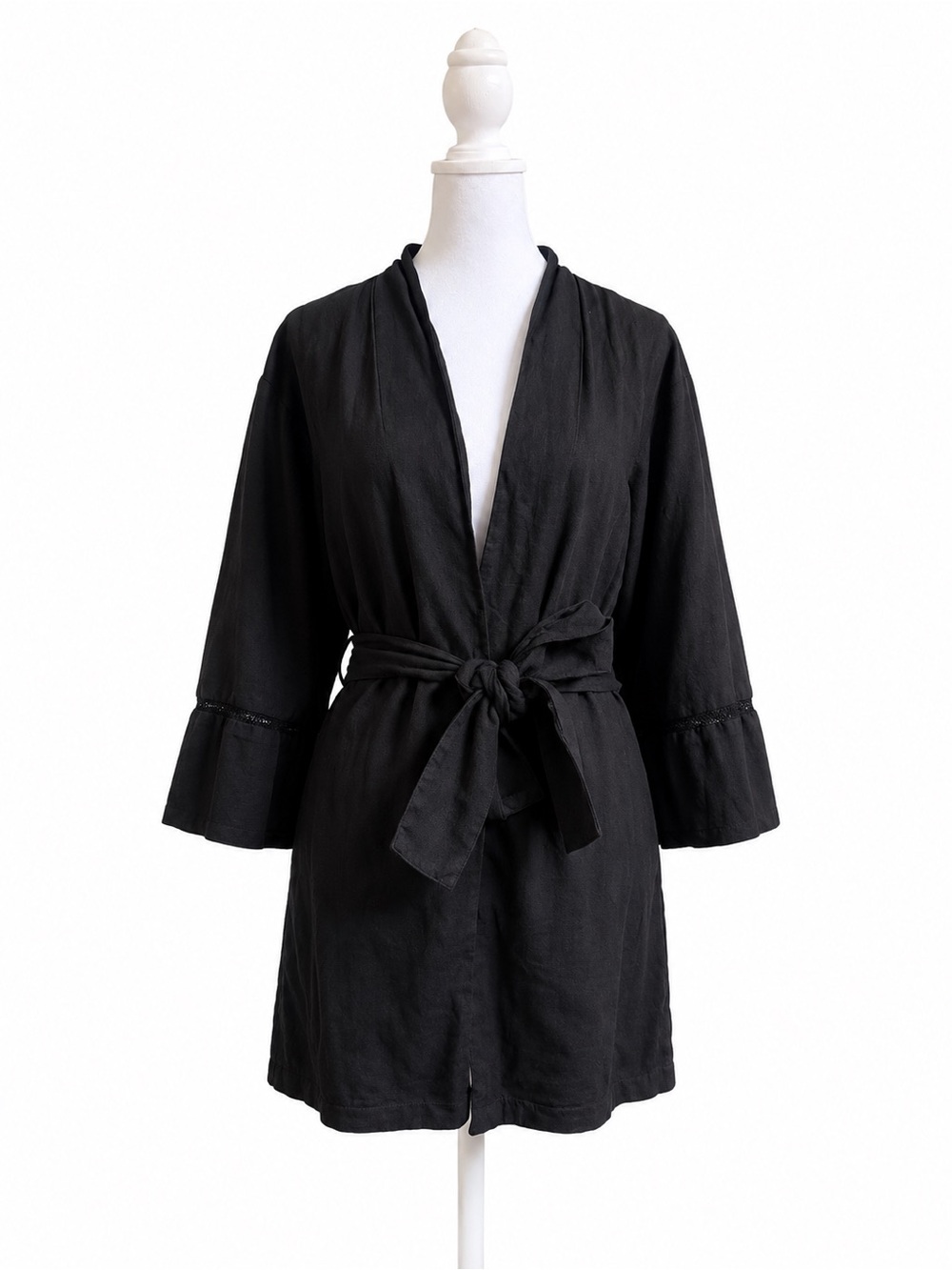 Zara Black Linen Blend Kimono Duster Robe Belted XS